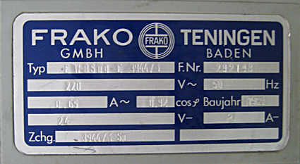 Frako - Netzteil, 24 Volt / 3 Ampere, Typenschild