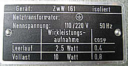 W 1 - 1 / ZwW 161, Typenschild