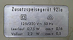 Zusatzspeisegert 921 a Typenschild